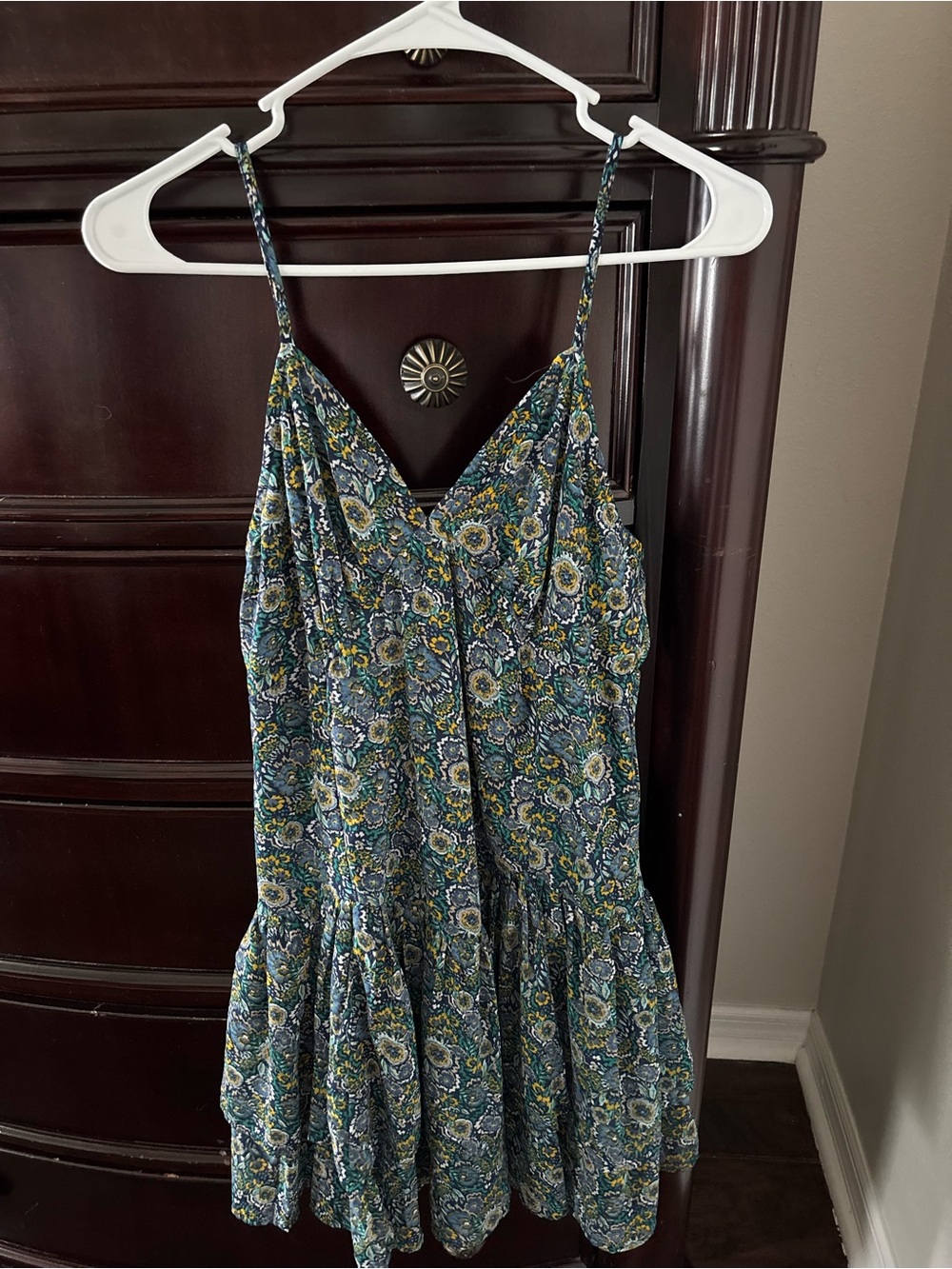 Floral Spaghetti-strap Mini Dress in Teal and Yellow